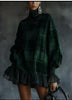 Retro Plaid Ruffle Hem Dress for Women's Turtleneck Lantern Sleeve Loose Chic Elegant Flare Sleeve Casual Long Sleeve Mini Dress