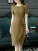 Women Elegant Bodycon Party Dresses O-Neck Short Puff Sleeve Ruffled Trim Detail Knee-Length Dress Woman Clothes