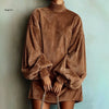 High Neck Corduroy Short Dress For Women Oversized Lantern Balloon Long Sleeve Loose Hem Casual Daily Mini Dresses