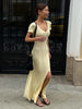 Ribbed Knit Maxi Dress For Women Deep V-Neck Slim High Slit Elegant Patchwork Commute Party Dress Women Knitwear Dress