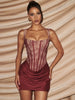 Lace Corset Mini Dress Women Square Neck Wide Strap Ruched Satin Bodycon Short Dress Club Party Cocktail Vestidos