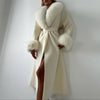 White Fur Patchwork Lace-up Overcoats Women's Street V-neck Full Sleeve Long Woolen Coat Winter Ladies Thick Outwear