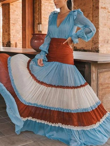 Elegant Ruffle Dress for Women Tiered A-Line Sweet Lantern Sleeve V-Neck Patchwork Layer Long Dress for Autumn