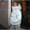 Chic Reflective Fabric Lace Up Hooded Cotton Jacket Women Stand Collar Full Sleeve Zipper Warm Overcoat Winter Lady Outwear