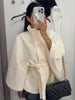 Women's Poncho Coats Vintage Stand Collar Belt Button Lace Up Full Sleeve Overcoat Female Autumn Lady Streetwears
