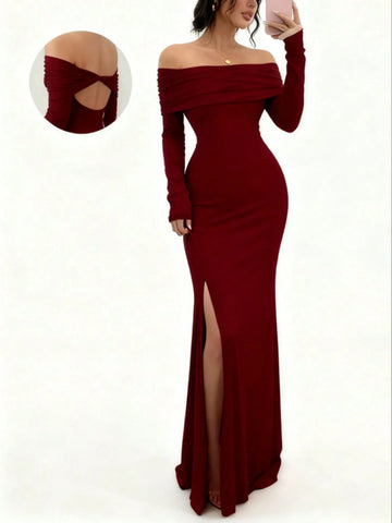 Women's Off-Shoulder Bodycon Dress - Long Sleeve High Slit Bandage Dress, Chic Figure-Hugging Midi