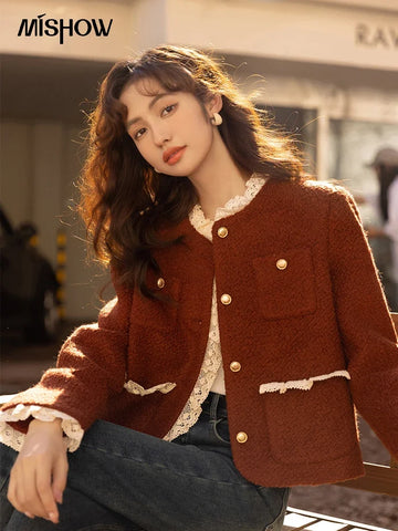 Wool Coat for Women Winter Korean Retro Lace Splicing Lamb Wool Button Pockets Thickened Warm Female Coat MXB43W0720