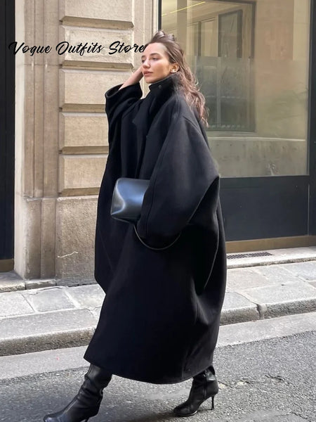 Chic Stand Collar Long Woolen Coats Women Loose Puff Sleeve Single Breasted Solid Warm Overcoat Autumn Winter Lady Outwear