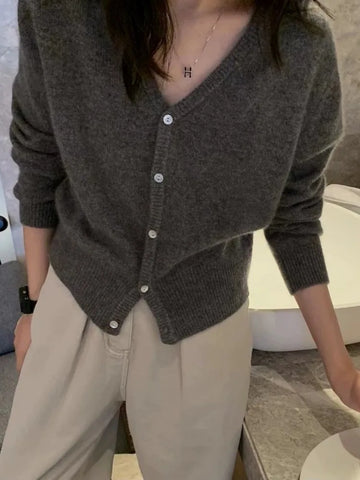 Korean version of autumn cashmere V-neck cardigan women loose short solid color sweater knit sweater simple coat