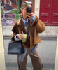 Vintage Brown Faux Fur Lapel Collar Cropped Jacket Women Long Sleeve Loose Coat Autumn Lady Casual Streetwear