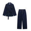Women 2 Pieces Sets With Belt Denim Jackets & Vintage Front Zipper Jeans Trousers Feamle Chic Lady Pants Sets