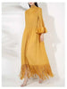 Maxi Dress Women High Neck Long Sleeves Stitching Tassel Hem Solid Color Dresses Female Party Clothing 2DB1143