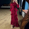 Woman Sexy O Neck Layered Ruffles Long Dresses Elegant Solid High Waist Chiffon Party Dresses Autumn Long Sleeve Slim Boho Dress