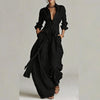 Vintage Solid High Waist Belted 2 Piece Sets Long Sleeve Button Lapel Shirt And Wide Leg Pants Woman Outfit Spring Vacation Suit