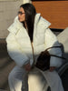 Shiny Hooded Cotton Jacket For Women Solid Long Sleeve Zipper Pockets Coats Lady Winter Street Warm Chic Outerwear
