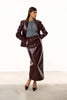 IG Women Burgundy Croc Faux Leather 2 Piece Suit Set Notched Lapel Slim Blazer Jacket High Waist Midi Pencil Skirt Elegant