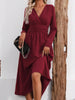 Elegant Solid Color Knit Dress for Women Fall Winter Overlap V-Neck Long Sleeve with Waist Shirring Bodycon Long Maxi Dress