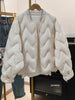 Autumn Winter Lightweight Wave Quilted Puffer Jacket Women Loose Round Neck Short White Duck Down Coat Outwear