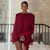 Elegant Womens Ruffle Mini Dress Long Lantern Sleeve Tie-up Front Solid Color Pleated Dress Short Flowy Dress Party Club
