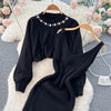Winter Women Knitted Sets Breading Long Sleeve Pearl Sweater+Knitted Camis Dress Sets Sweater Suits