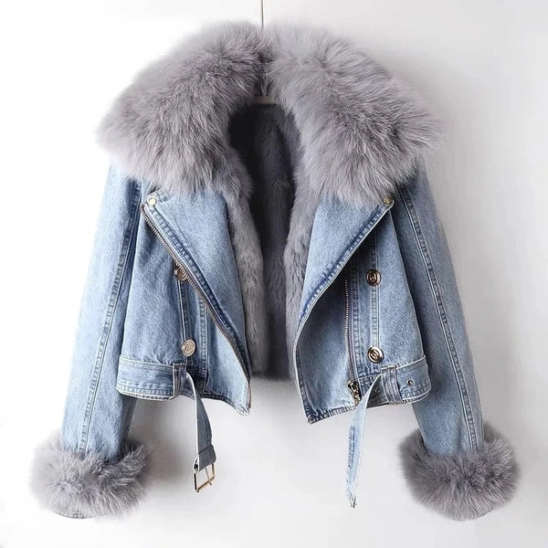 Women Faux Fox Fur Collar Jean Coat Winter Jacket Female Short Warm Parkas Rabbit Hair Lining Outwear Overcoat