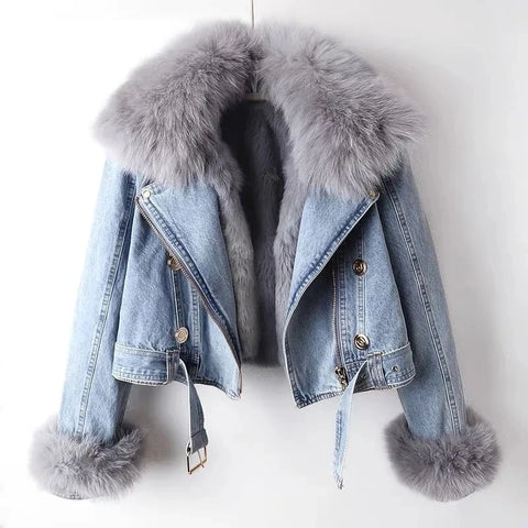 Women Faux Fox Fur Collar Jean Coat Winter Jacket Female Short Warm Parkas Rabbit Hair Lining Outwear Overcoat