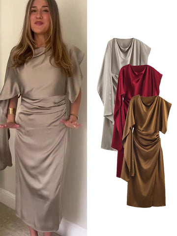 Women Classy Long Dresses Asymmetric Midi Length Comfortable Chic Solid Tierred Evening Partywear Female