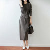 Women Wool Dress Sweater 100% Merino Wool Knitted Self-belt Long Skirt Autumn Winter Round Neck Pullover Cashmere Straight Skirt