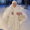 Women Furry Trim Hooded Cape Coat Warm Loose White Shawl Cloak Winter Evening Party Festival Elegant Lady Outfit