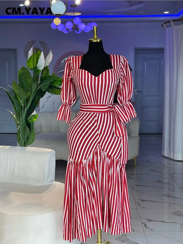 Women Striped Three Quarter Sleeve V-neck Midi A-line Dress Birthday Vacation Streetwear Vestidos Dresses