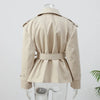 Women Kahkai Lapel V-neck Belt Trench Coat Lace Up Full Sleeve Button Short Thin Windbreak Lady Daily Street Outerwear