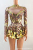 Stretch Sequins Mirror Dress Women Bodysuit Dancewear Long Sleeve Drag Queen Costume Rave Festival Night Out BodySuits