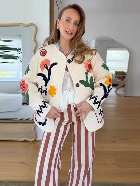 Women Floral Embroidery Jacket Long Sleeve Open Front Loose Fit Button Down Coat Autumn Casual Boho Chic Outwear