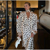 Retro Elegant Satin Polka Dots V Neck Maxi Dress Suit Women Ribbon Lace Full Sleeve Puff Sleeve Waist Cinched Long Dresses