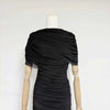 Women Ruched Maxi Dress Asymmetric Draped Sleeve High Neck Bodycon Mermaid Formal Evening Party Gown