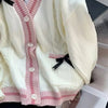 Sweet Bow Decor Knit Cardigan Women V‑Neck Plaid Cable Knit Loose Preppy Style Pink Striped Sweater Coat