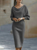 Spring Women's Elegant Dress High Waist O-neck 7-quarter Sleeves Slim Simple Office Solid Color Female Mid-length Skirt