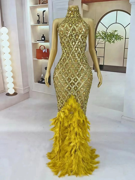 Shining Gold Rhinestones Feather Sexy Mesh Long Dress Women Birthday Evening Red Carpet Show Gown Stage Costume