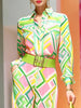 Elegant Women Two‑Piece Set Colorful Geometric Print Lapel Collar Long Sleeve Blouse High Waist Wide Leg Pants Office Party Suit