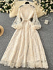 Spring Autumn European American Stand Up Collar Single Breasted Lace Dress Women Elegant Embroidery Large Swing Long Dress C205