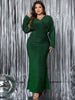 Plus Size V-Neck Long Sleeve Mermaid Hem Dress Women Autumn Evening Party Glitter High Waist Bodycon Long Dress