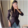 Pleated Waist Cinching Blazer Coat Women Chic Deep V-neck Full-sleeve Single Breasted Slim Coats Lady Commute Jacket
