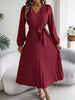 Spring Autumn Elegant Buttons V Neck Lantern Long Sleeve Lace Up Pleated Dress Khaki Blue Red Green Black Women Dresses