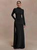 Solid Color Elegant High Neck Long Sleeve Ruched Ribbon Dress Women Bodycon Party Club Evening Dress Winter