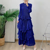 Royal Blue Pleated French Women's Dress Chic Ruffled Irregular Tie Design Long Sleeve Clothing 2DB3939