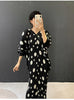 Balck Dot Printting Pleated Women's Dress V Collar Batwing Sleeve Mid-Length Mermaid Dresses 2DB6625