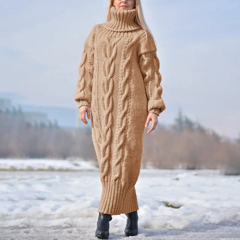 Women Ankle Length Dresses Solid Knitted Dress Turtleneck Long Sleeve Loose Fit Autumn Slight Strech Pullover Casual