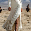 Vintage Spring U Neck Button Pleated Long Dress Woman Solid Split Boho Dress Autumn Long Sleeve Slim Maxi Dress Vestidos