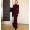 Spring Women Sexy Slim Fit Thin Dress Lady Comfortable High Neck Long Sleeve Dress Female Chic Evening Wine Red Maxi Dress