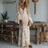Deep V Neck Embroidery Lace Woman Dress Spring Hollow Out High Waist Crochet Dresses Autumn Flare Sleeve Jacquard Long Dress